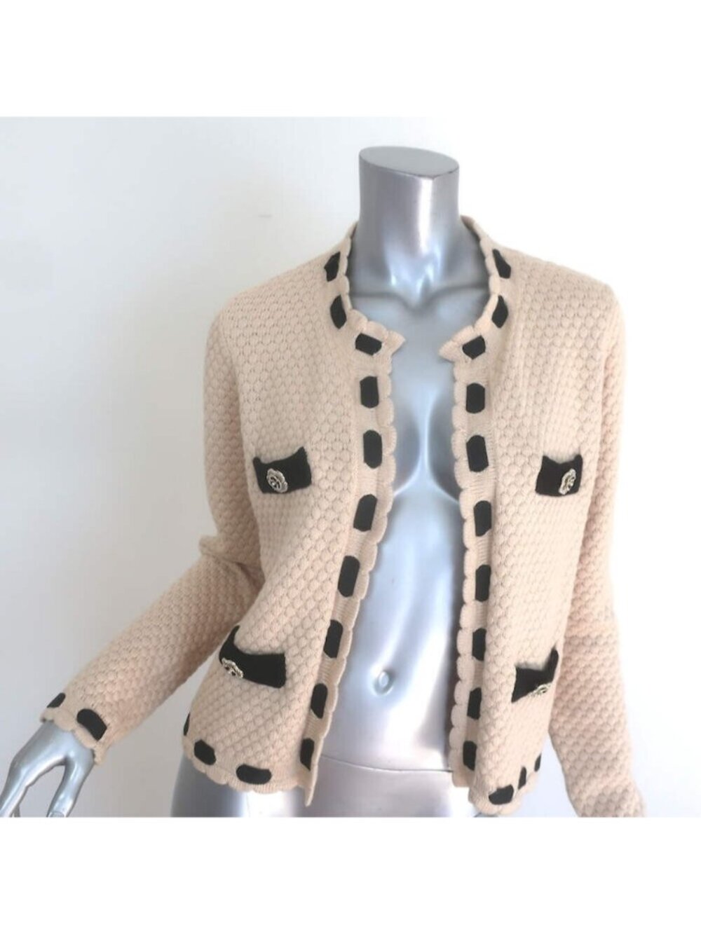 L'Agence Astor Contrast-Trim Cardigan Beige Textured Knit Size Small